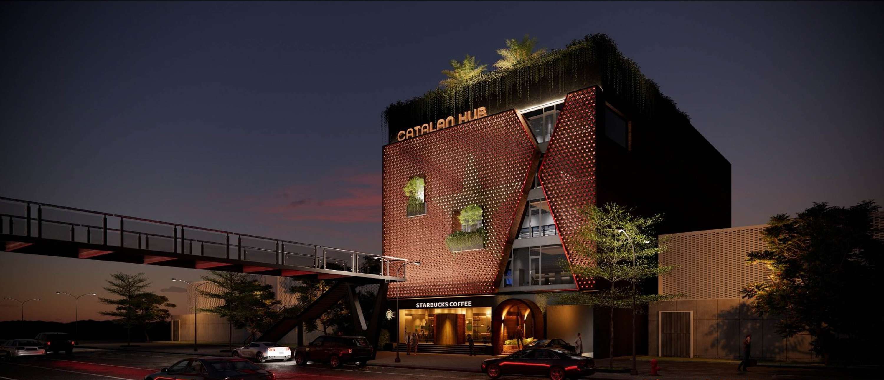 Mặt tiền Catalan Hub rực sáng ban đêm trên trục Võ Chí Công, kiến trúc hiện đại nổi bật.