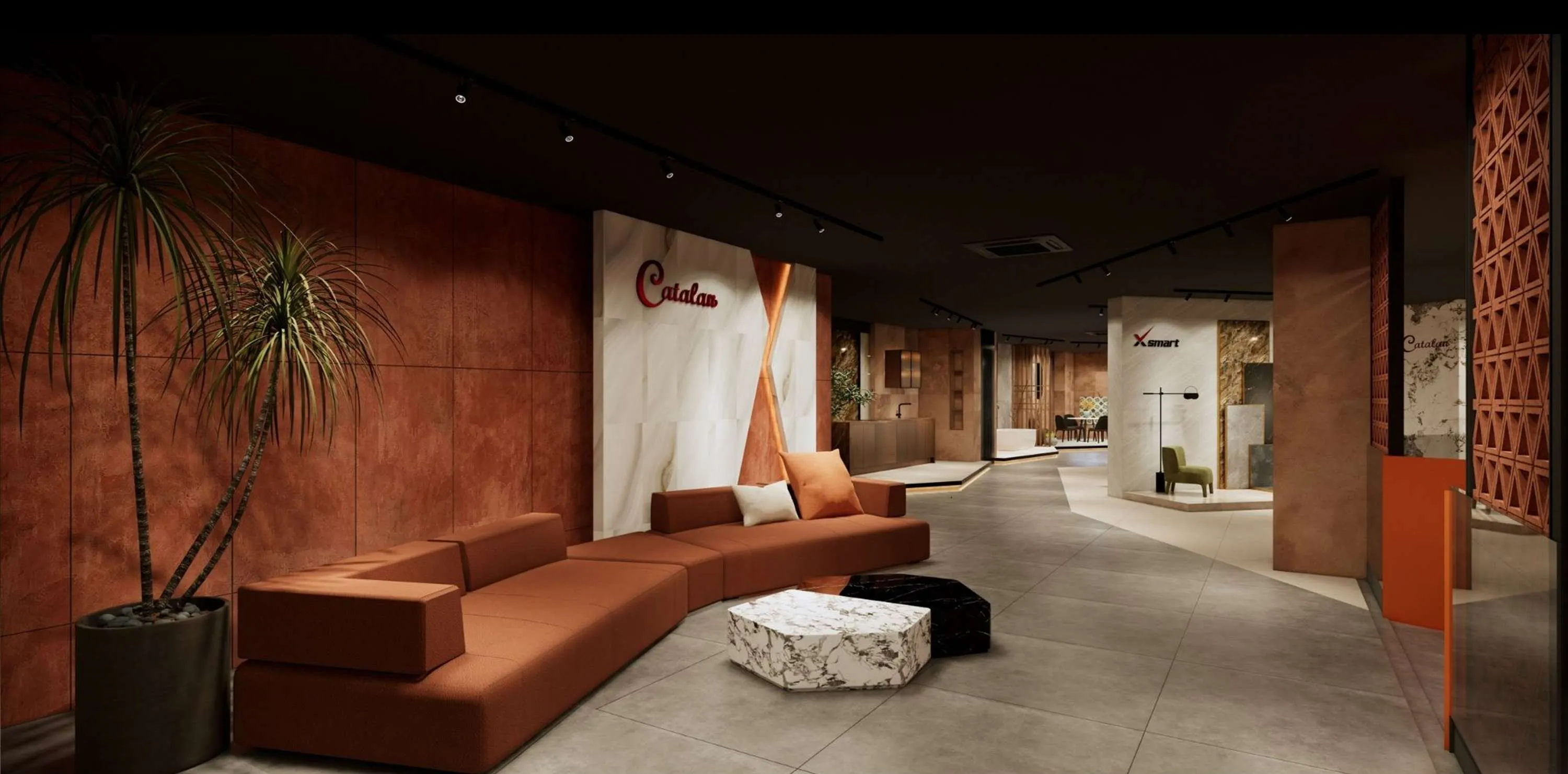 The Catalan Hub waiting area – a refined space to relax during the material experience journey.