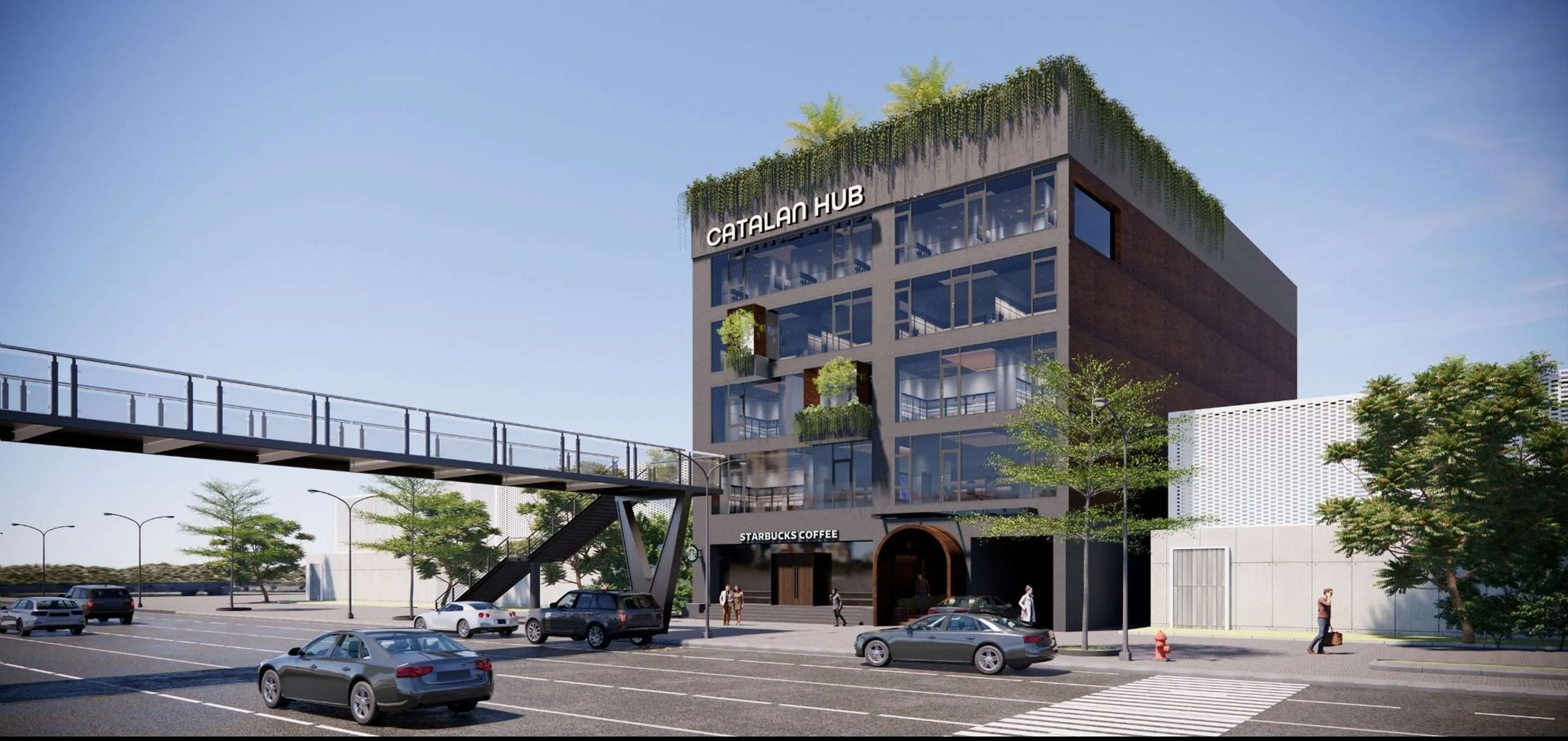 The Catalan Hub façade stands out on Vo Chi Cong boulevard with modern green architecture.