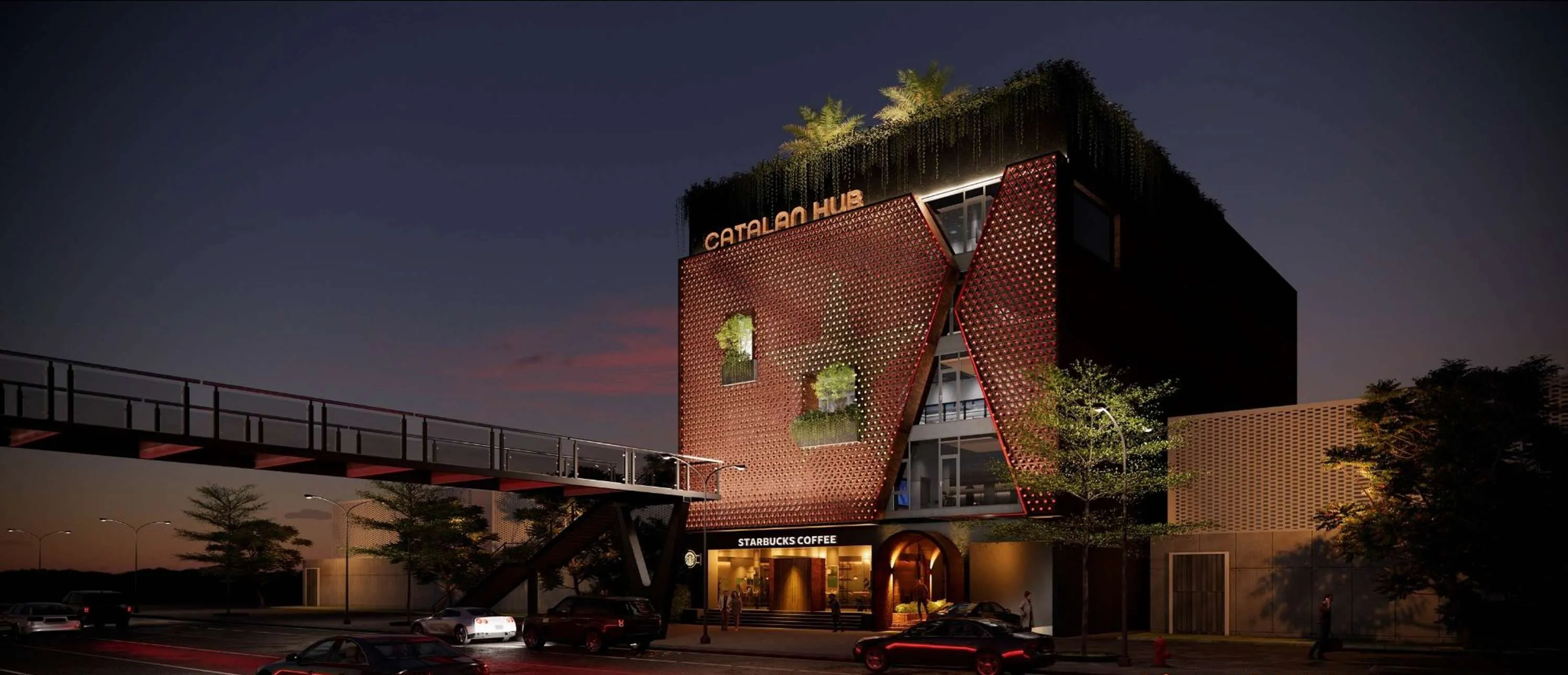 The Catalan Hub facade stands out on Vo Chi Cong boulevard with striking modern architecture.